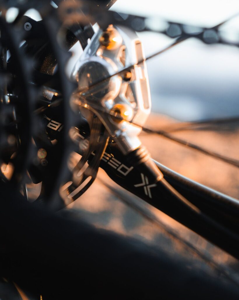 Close-up of the rear cassette, brake caliper and chain on the Dogma GR
