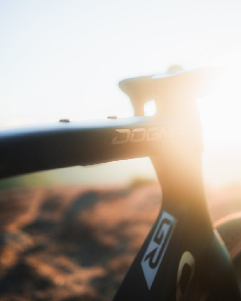Backlit head tube of the Dogma GR in low sun