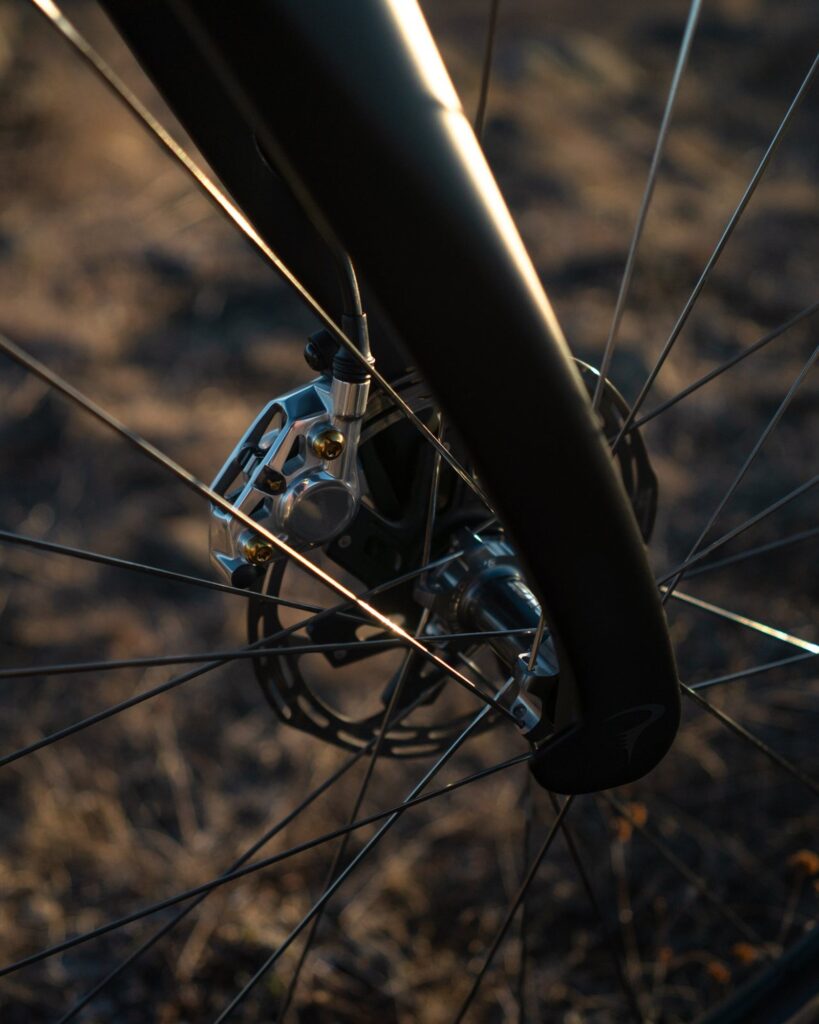Front fork, disc brake and spokes on the Dogma GR