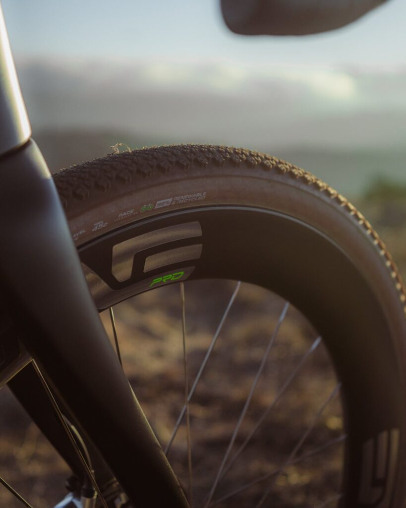 Front fork and tire of the Dogma GR with hills behind