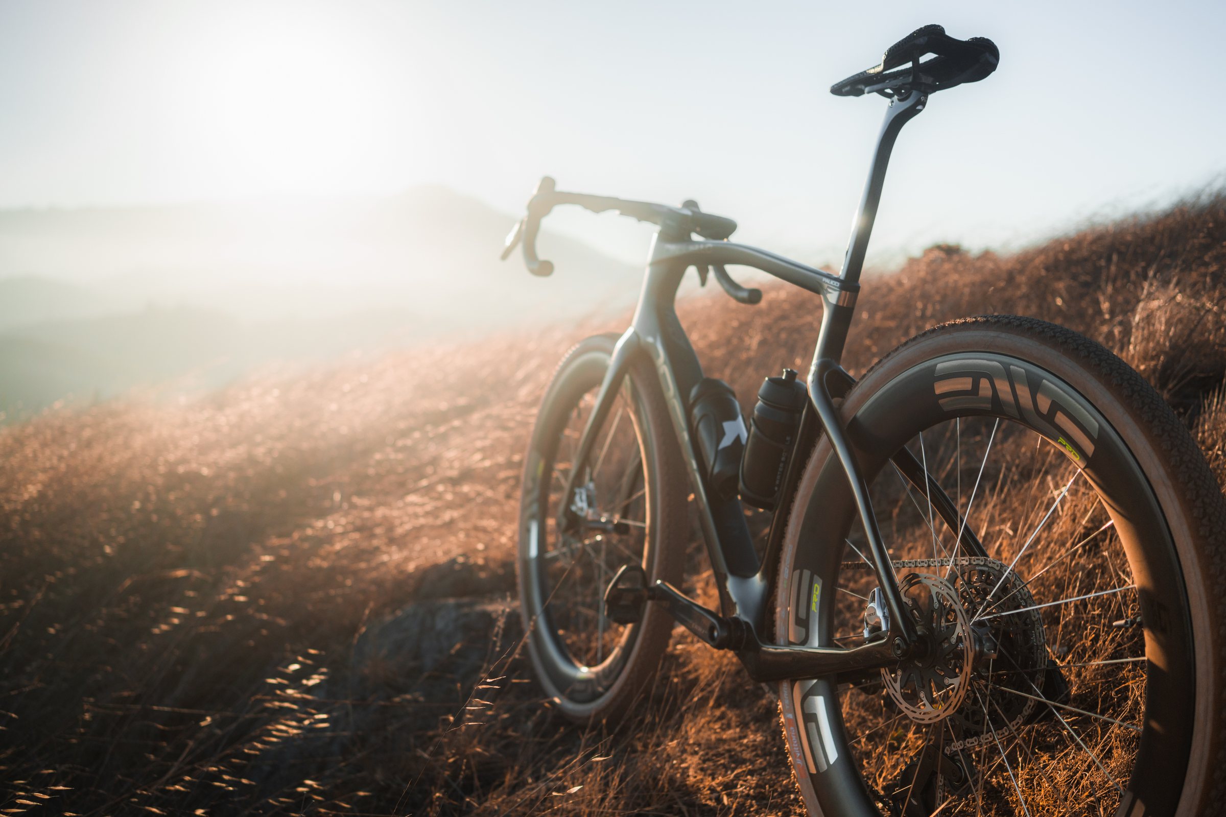 Rear three-quarter view of the Dogma GR on a grassy hillside in low sun