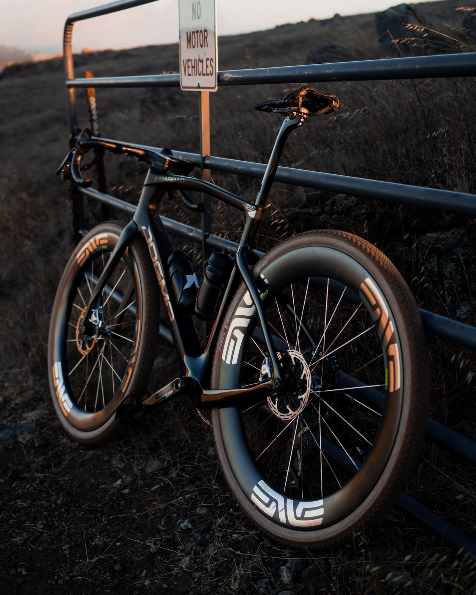 Pinarello Dogma GR leaning against a black metal gate beside a No Motor Vehicles sign at dusk